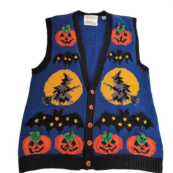 Vintage Marisa Christina L Blue Halloween Cat Moon Stars Knit Vest Ugly Sweater - Picture 8 of 9